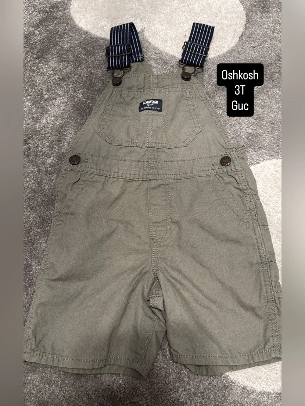 OshKosh B'gosh Olive Green Short Overalls with Navy Striped Straps